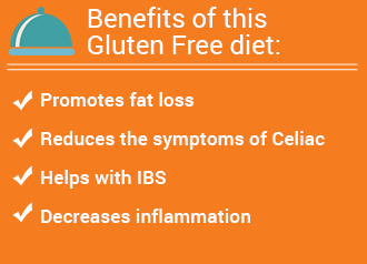 Benefits of this Gluten Free diet: Promotes fat loss, Reduces the symptoms of Celiac, Helps with IBS, Decreases inflammation, Improves your digestive symptoms such as bloating, Boosts your energy levels